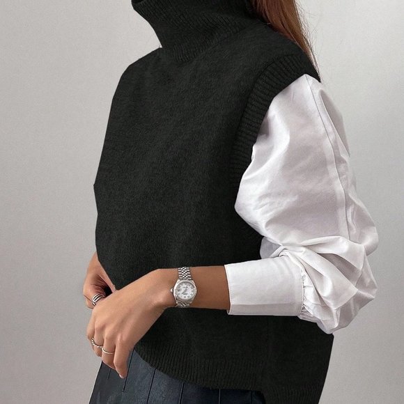 Black Casual Womens Turtleneck Split Hem Sweater Vest - Picture 5 of 5